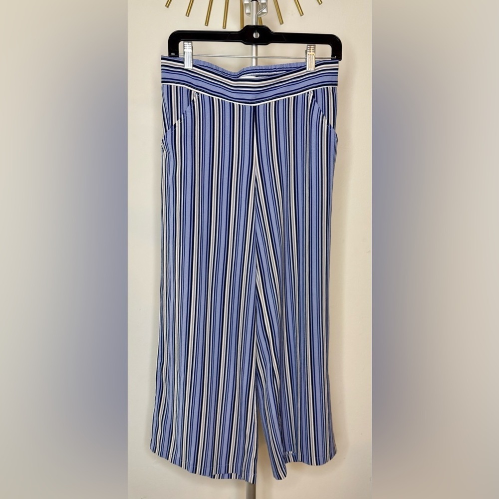 Max Studio blue striped wide leg flowy pants elastic waist pockets size medium